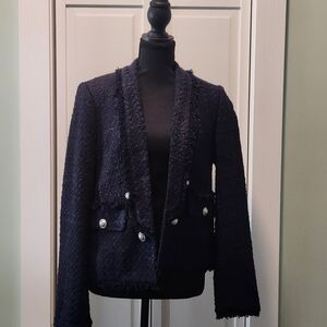 Express Navy Tweed Pearl-Button Blazer